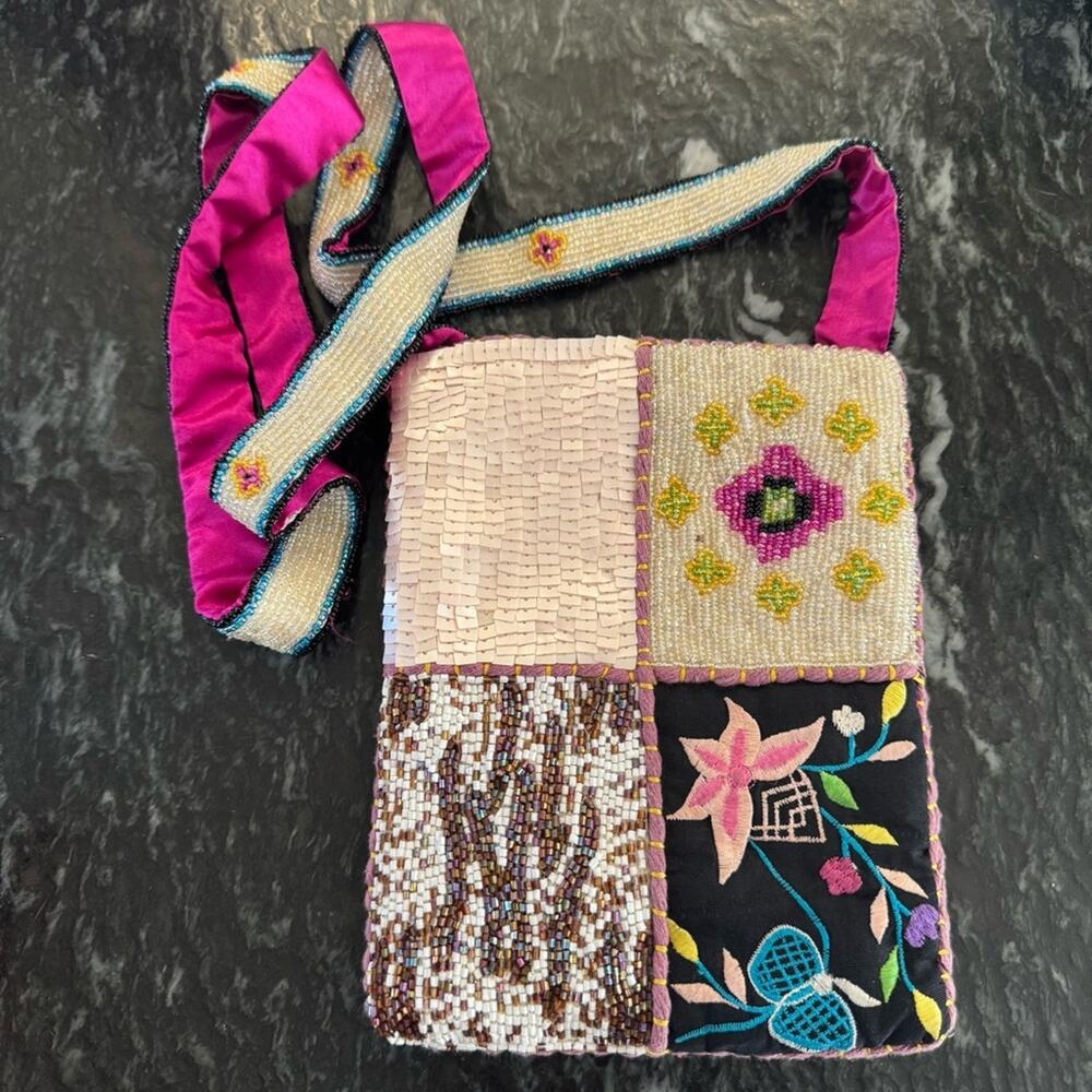 Christiana Beaded Embroidered Mixed Patchwork Floral Silk Crossbody Bag